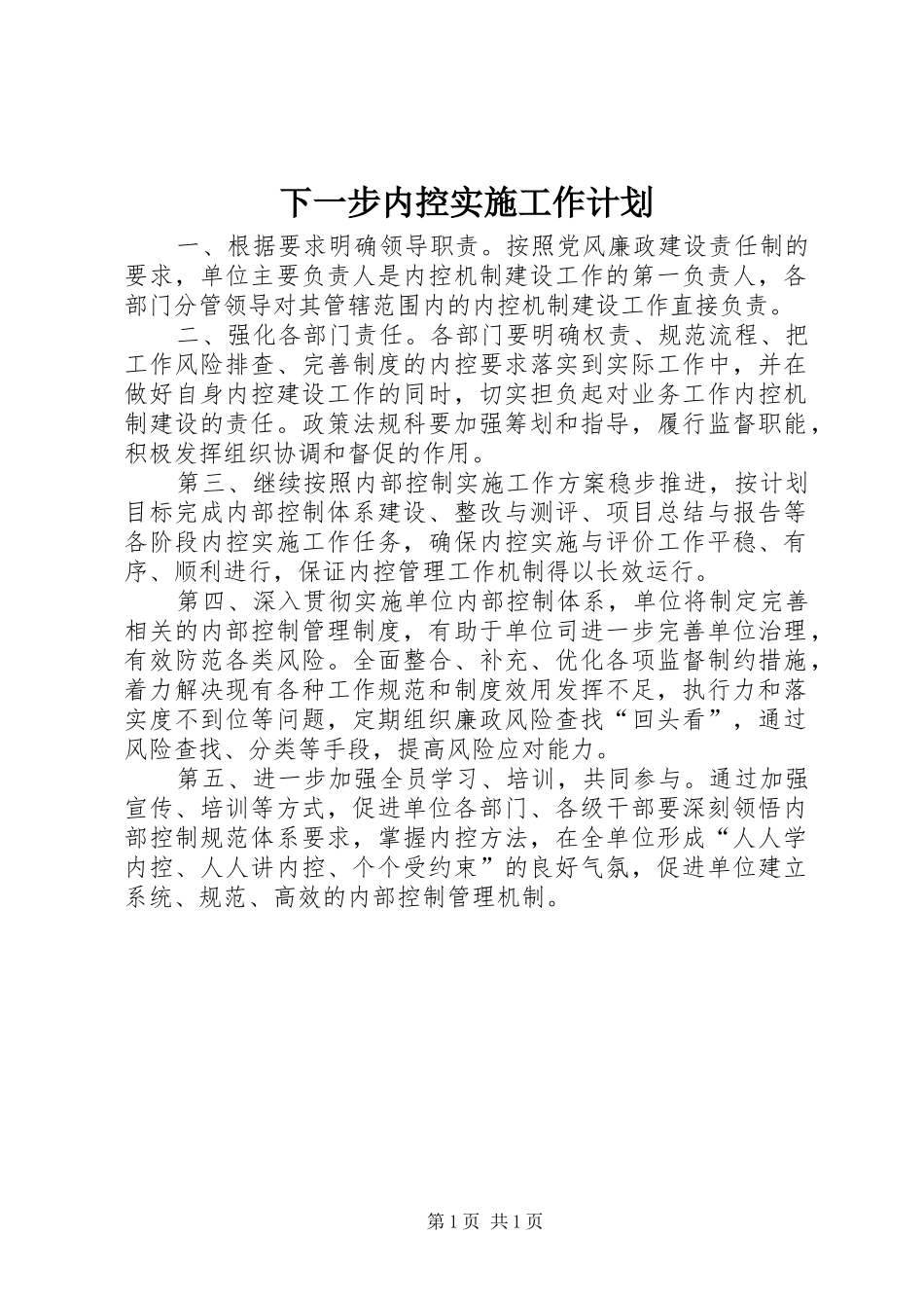 下一步内控实施工作计划 _第1页