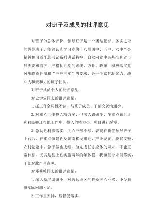 对班子及成员的批评意见