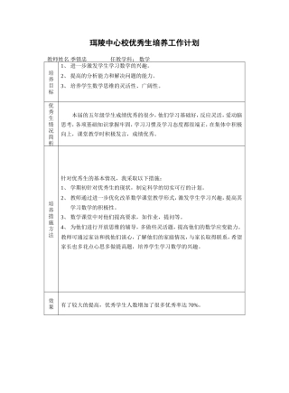 珥陵中心校优秀生培养工作计划