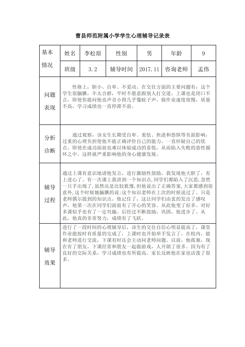 小学生心理辅导记录表15_第1页