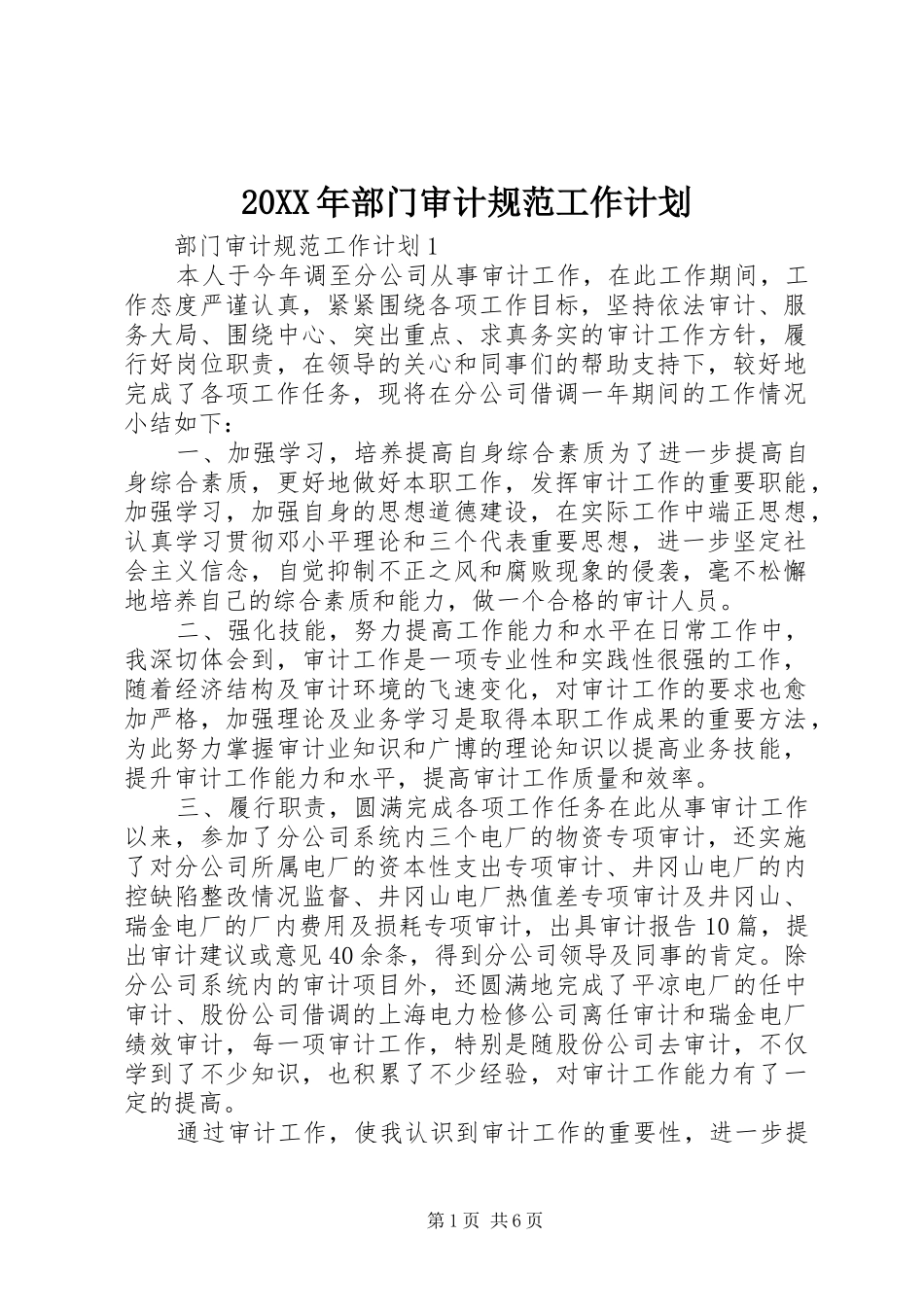 20XX年部门审计规范工作计划_第1页