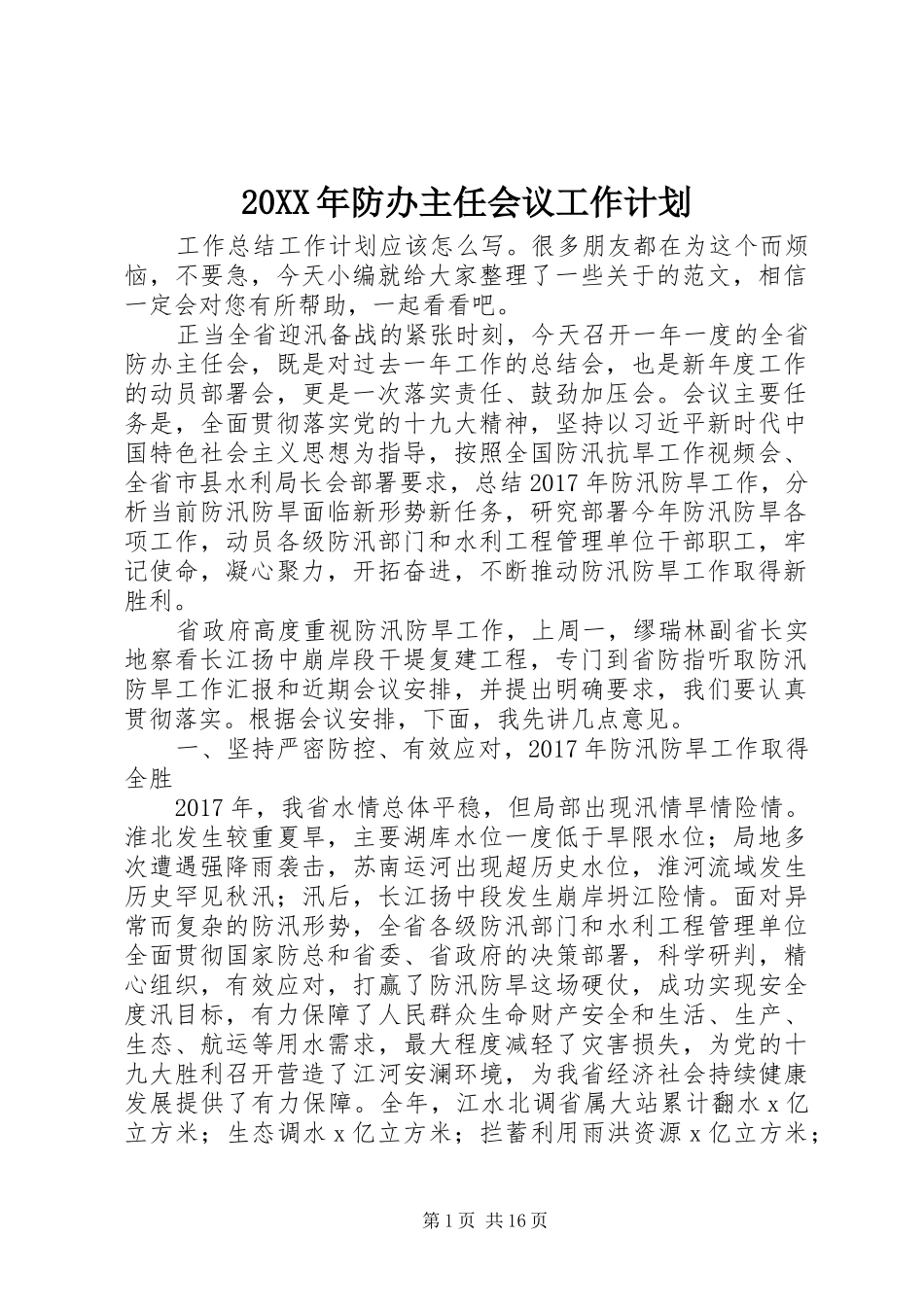 20XX年防办主任会议工作计划_第1页