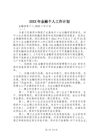 20XX年金融个人工作计划 