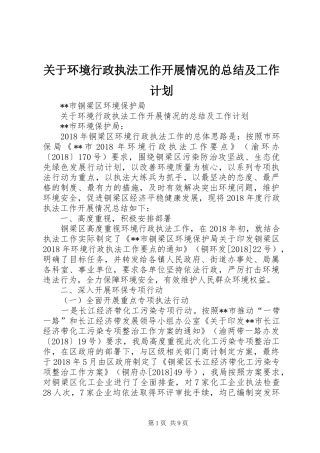 关于环境行政执法工作开展情况的总结及工作计划 