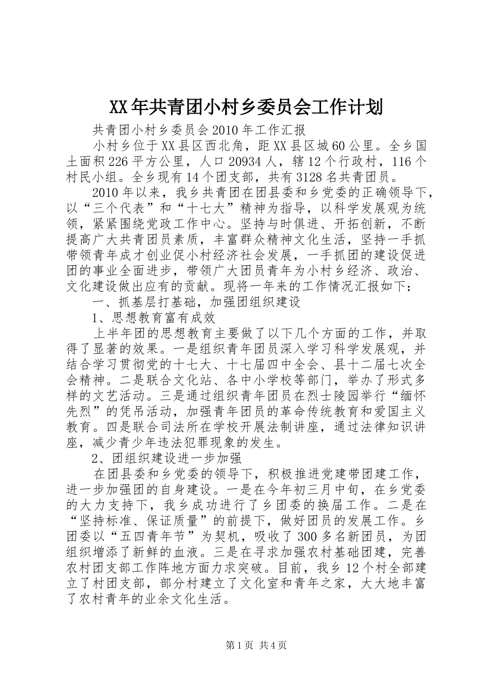 XX年共青团小村乡委员会工作计划 _第1页