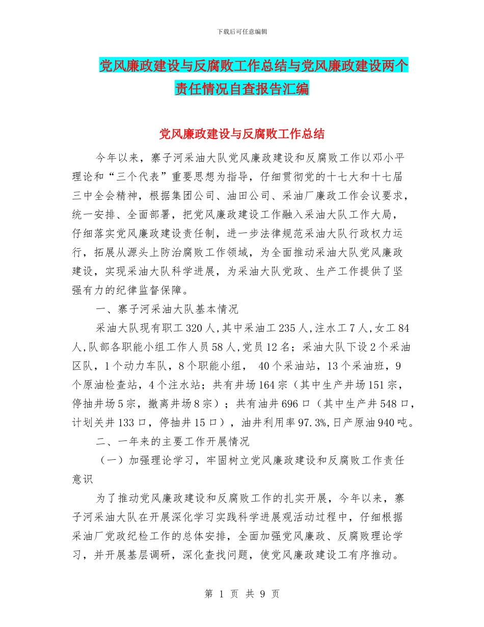 党风廉政建设与反腐败工作总结与党风廉政建设两个责任情况自查报告汇编_第1页
