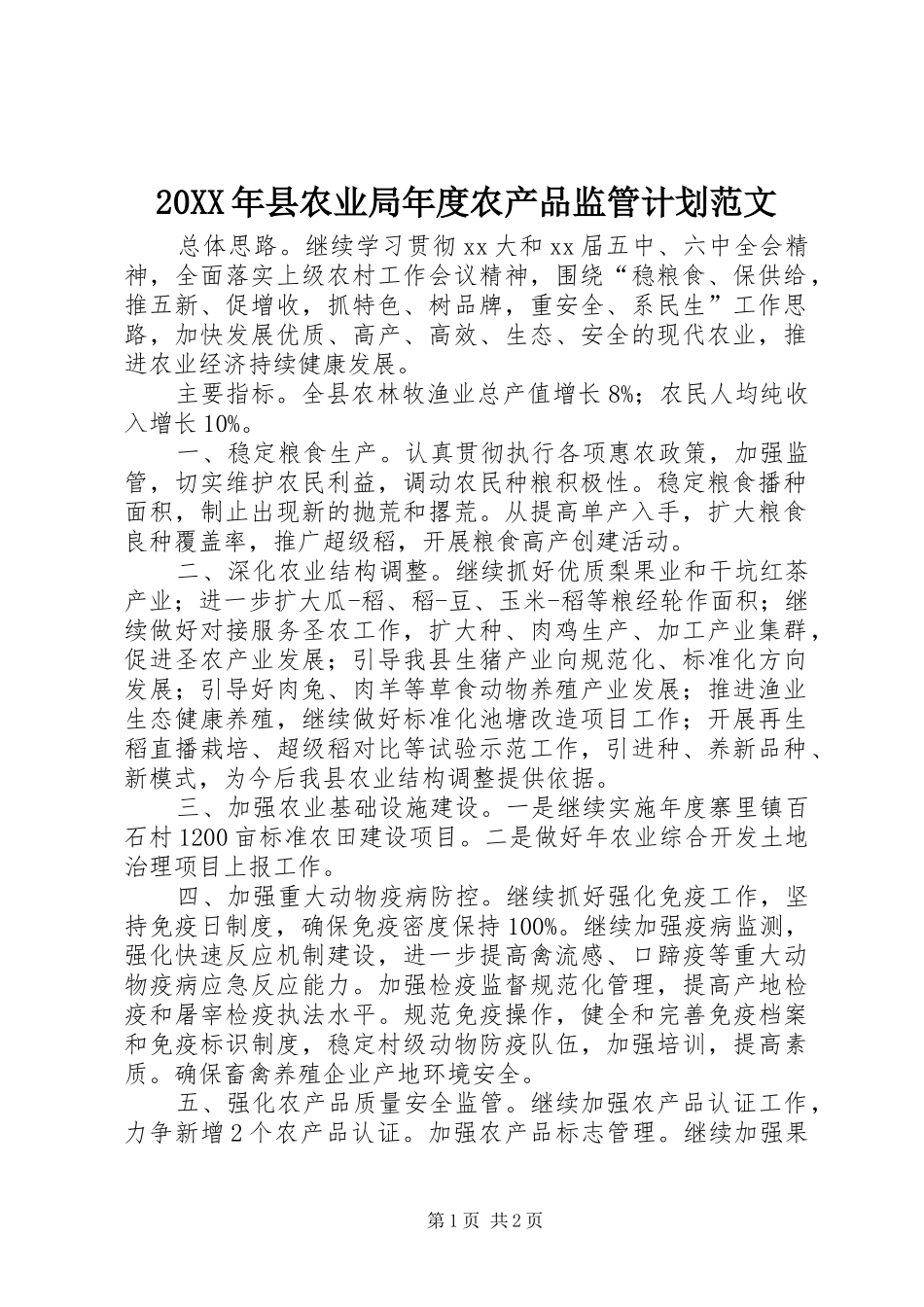 20XX年县农业局年度农产品监管计划范文_第1页