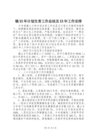镇XX年计划生育工作总结及XX年工作安排 