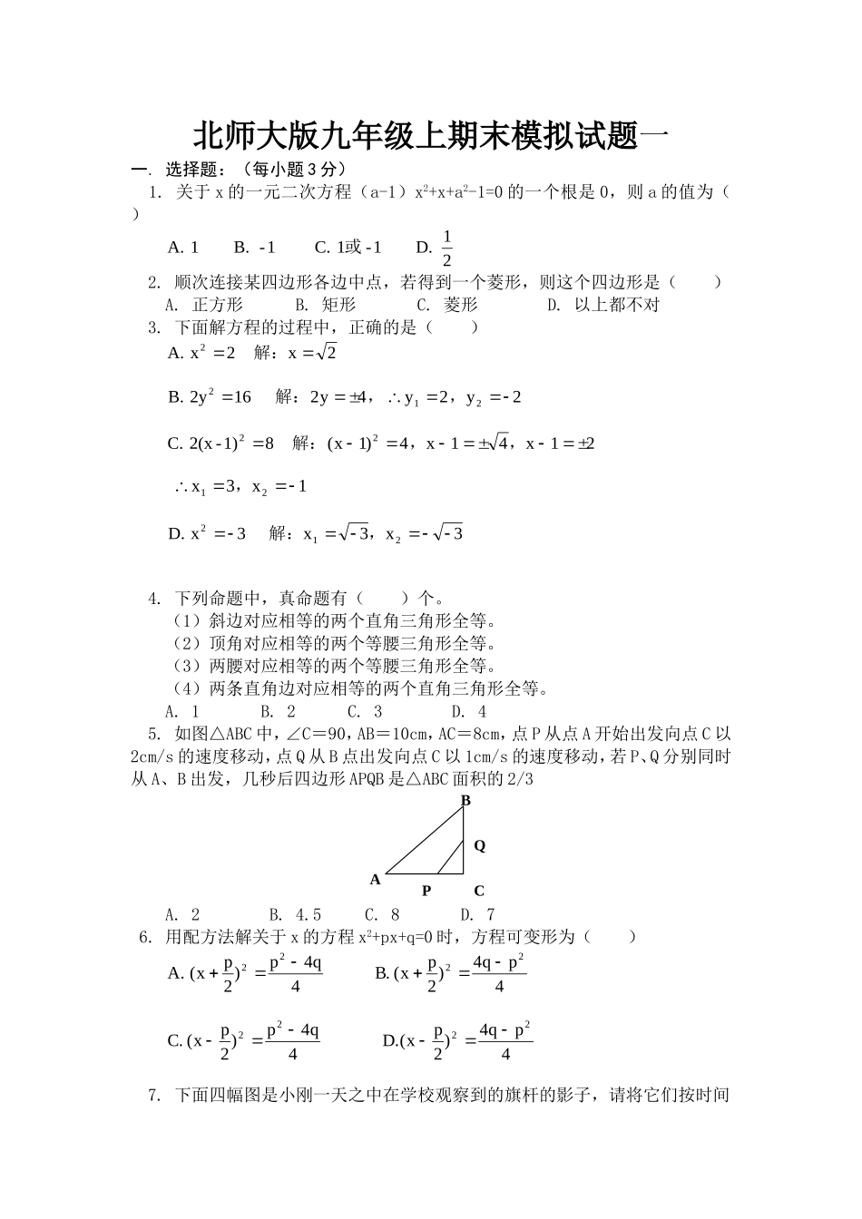 北师大版九年级上期中模拟试题一_第1页