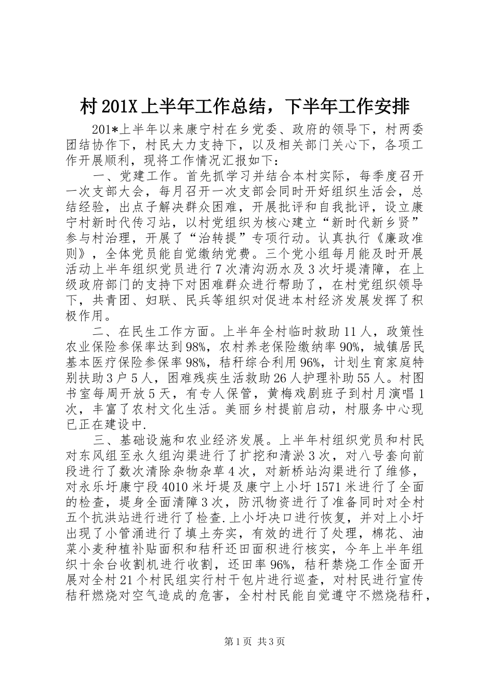 村201X上半年工作总结，下半年工作安排_第1页