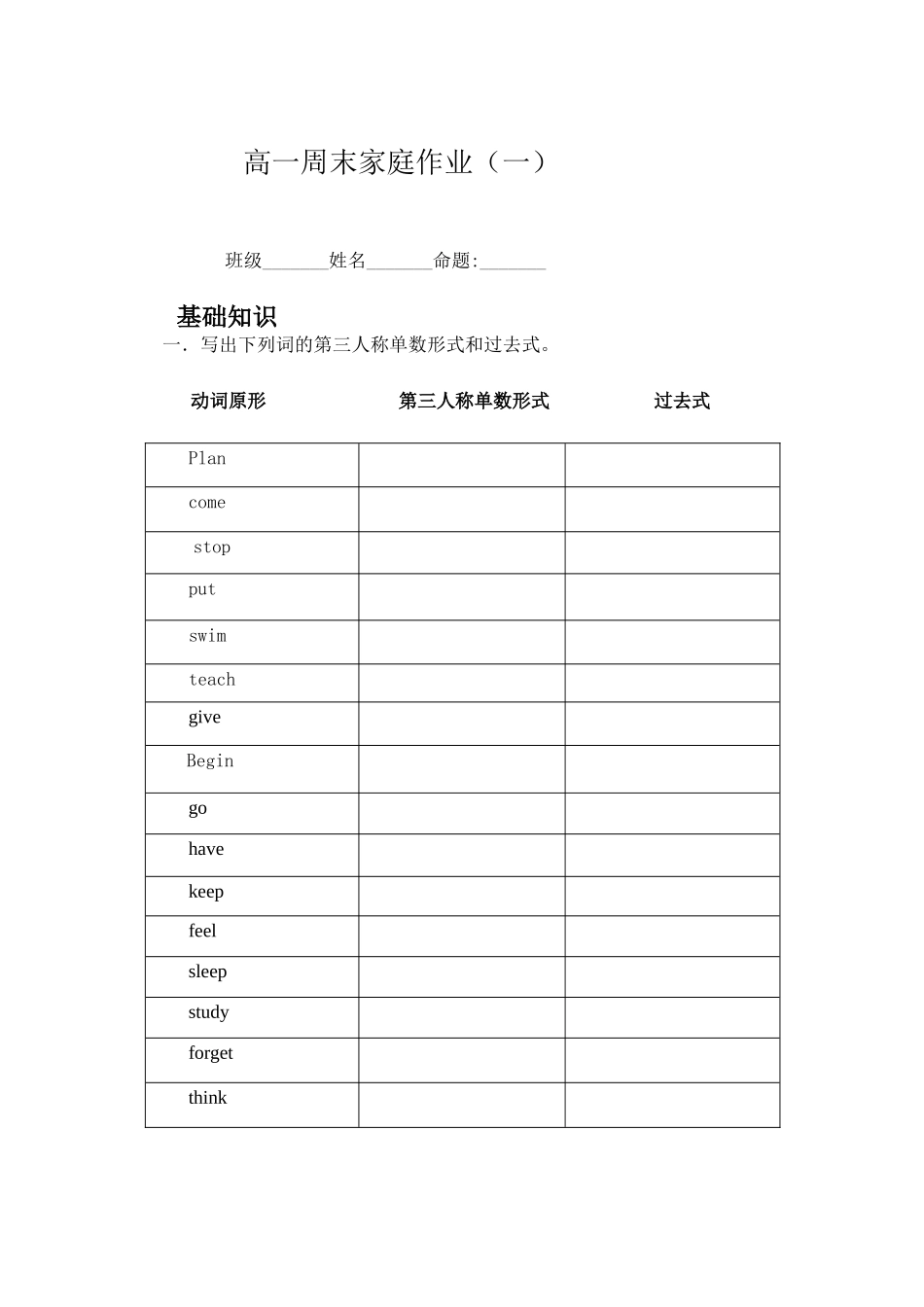 高一英语周末家庭作业一_第1页