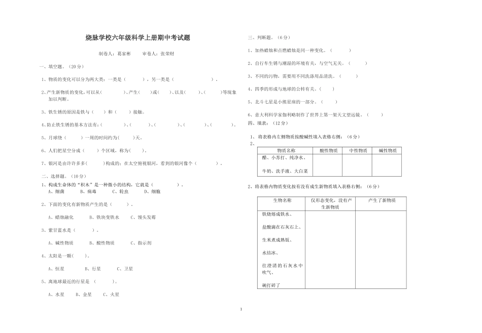 小学六年级科学上册期末考试题_第1页