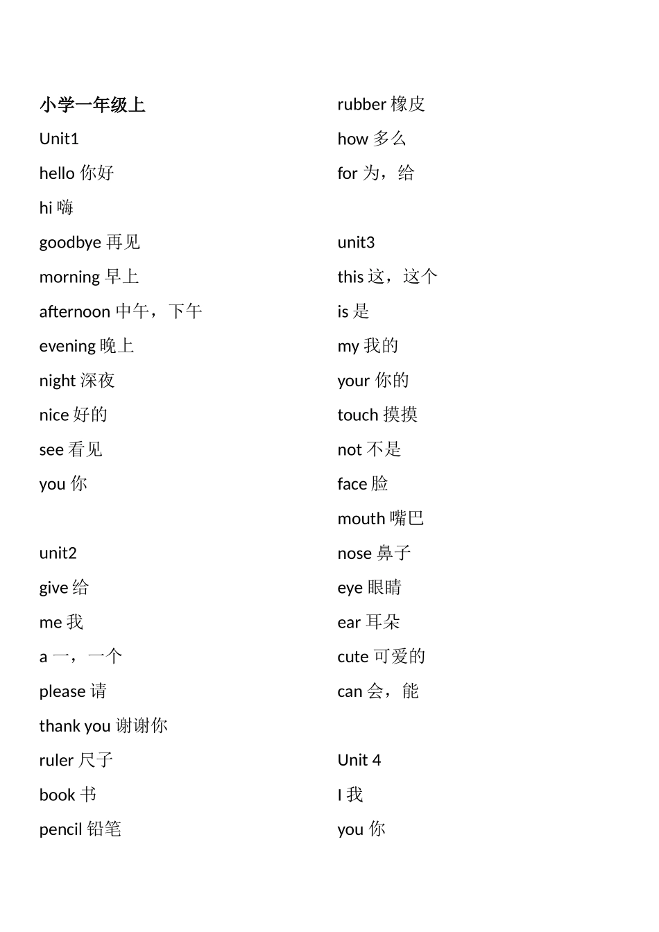 牛津深圳版小学英语各年级单词表_第1页
