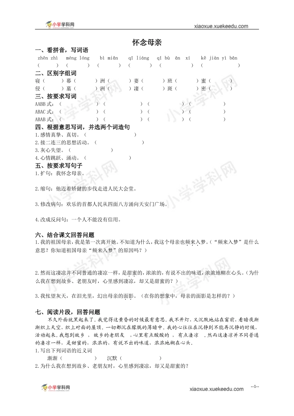 人教新课标小学六年级语文上册22《怀念母亲》练习题_第1页