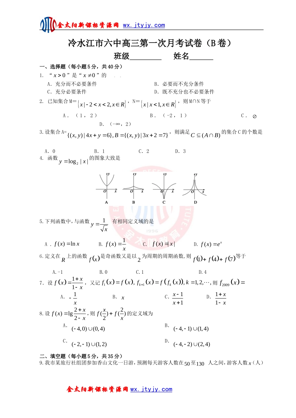 湖南省冷水江市六中高三第一次月考数学试卷_第1页