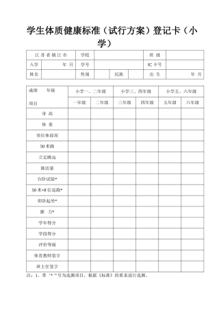 学生体质健康标准（试行方案）登记卡（小学）
