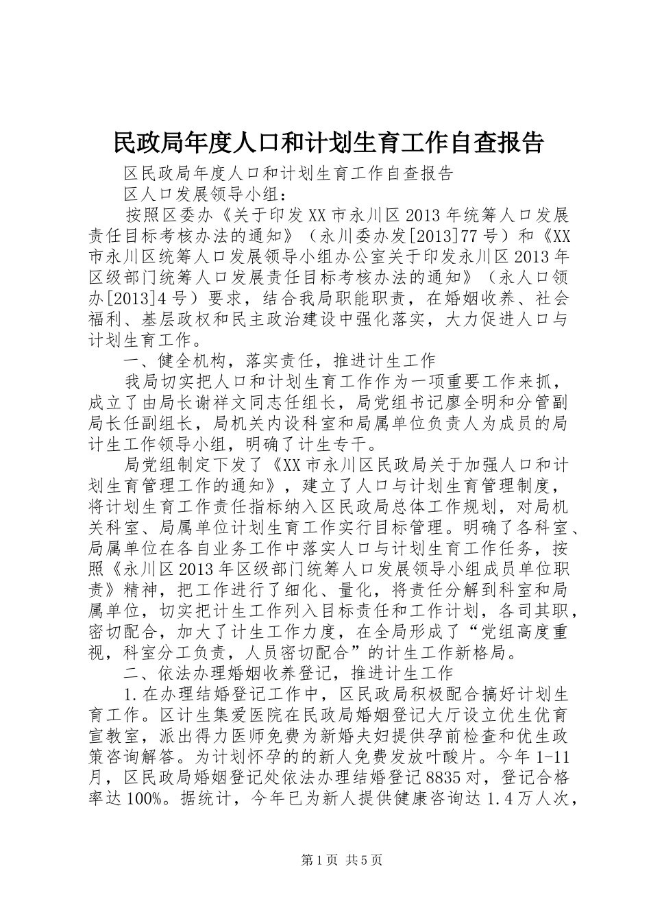 民政局年度人口和计划生育工作自查报告 _第1页