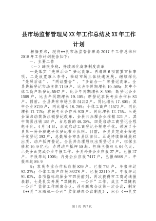 县市场监督管理局XX年工作总结及XX年工作计划 