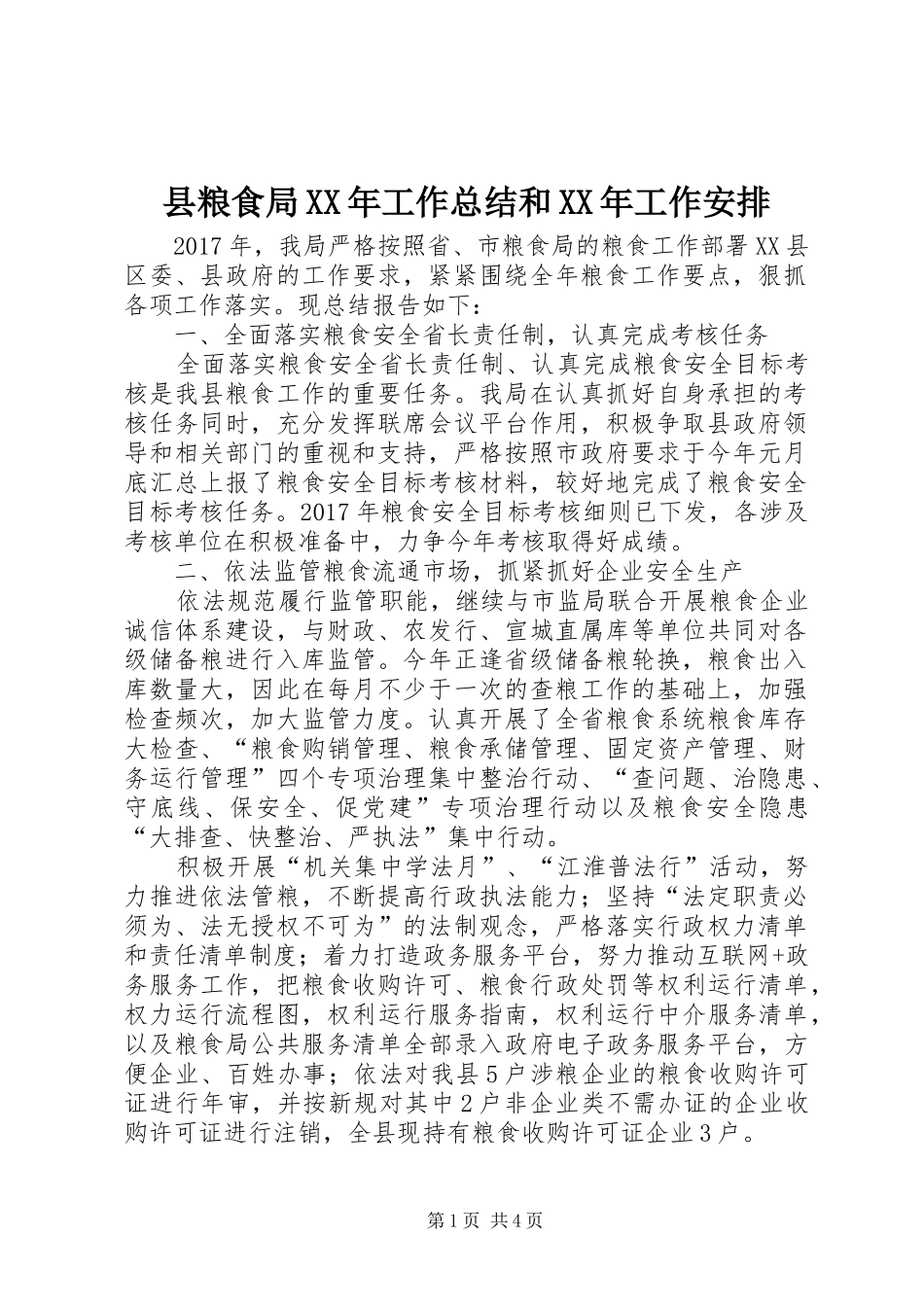 县粮食局XX年工作总结和XX年工作安排 _第1页
