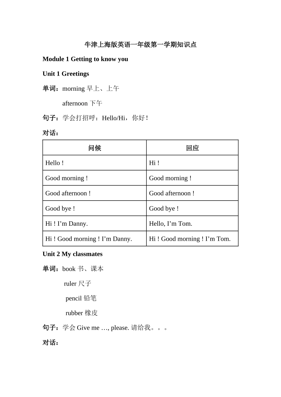 牛津上海版英语一年级第一学期知识点_第1页