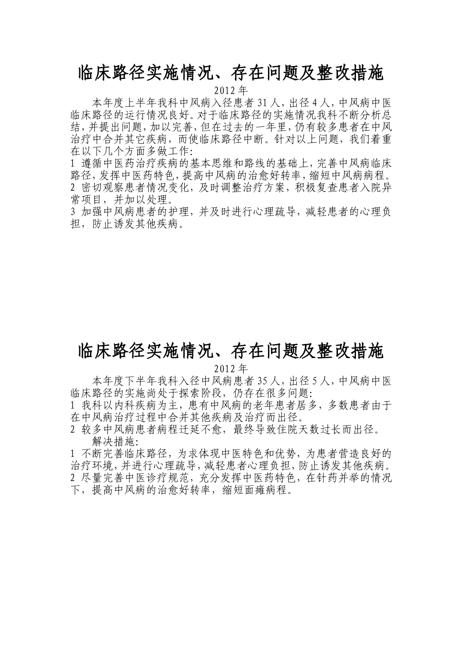 临床路径实施情况、存在问题及整改措施_第1页