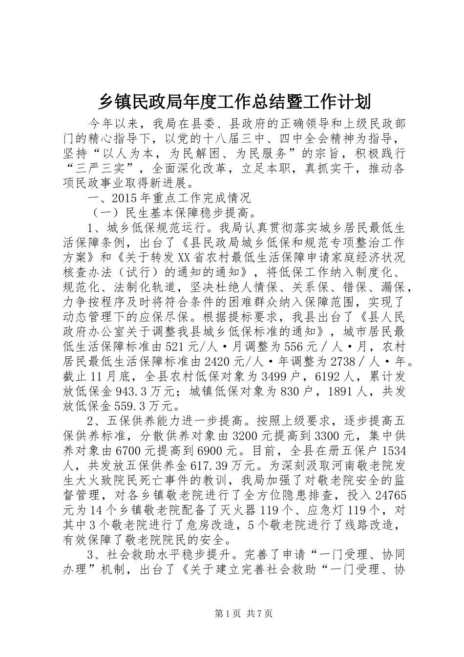 乡镇民政局年度工作总结暨工作计划 _第1页