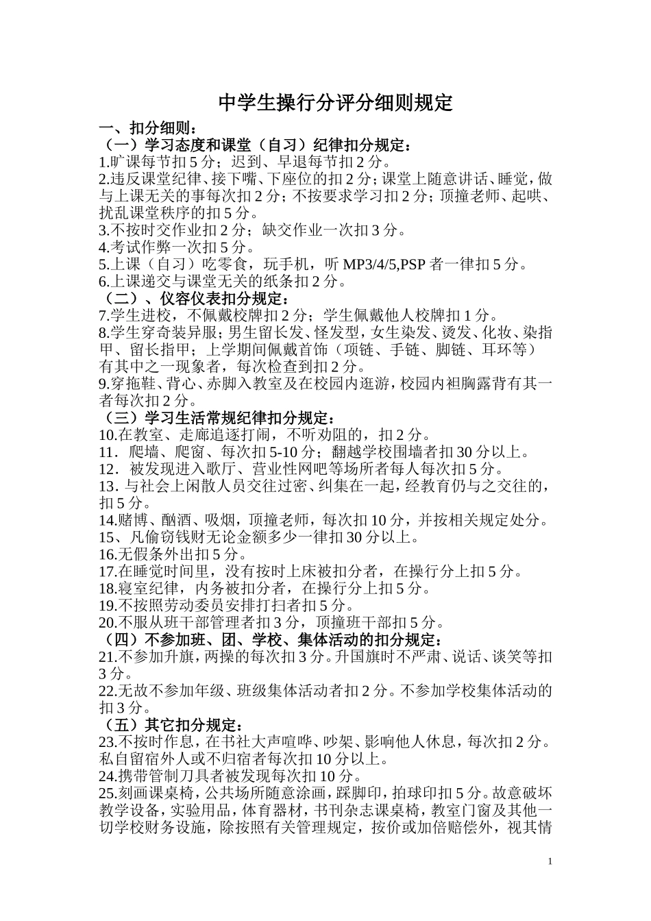 中学生操行分评分细则规定_第1页