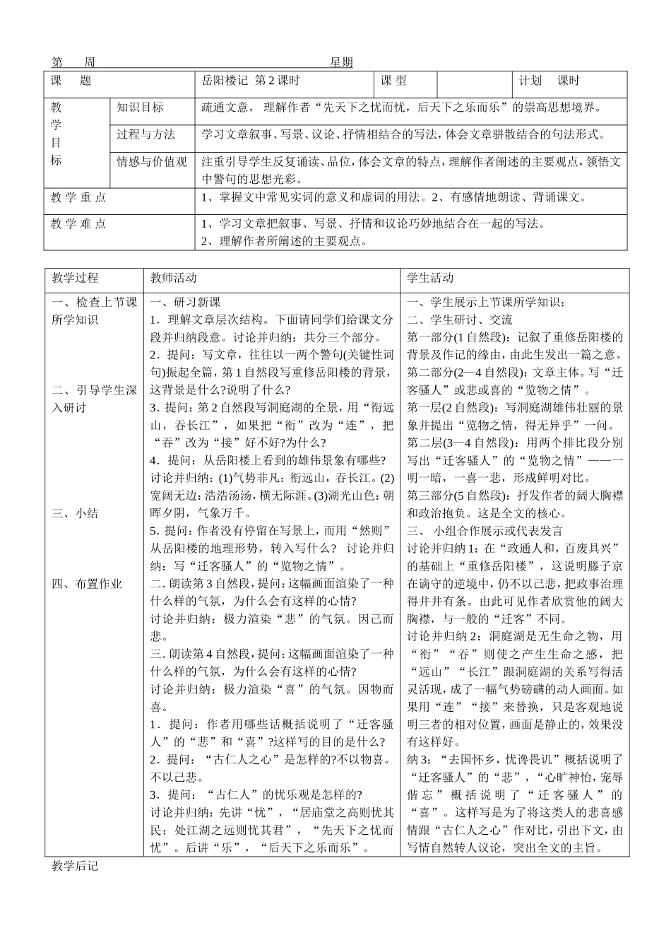苏教版九年级上册《岳阳楼记》表格教案_第2页