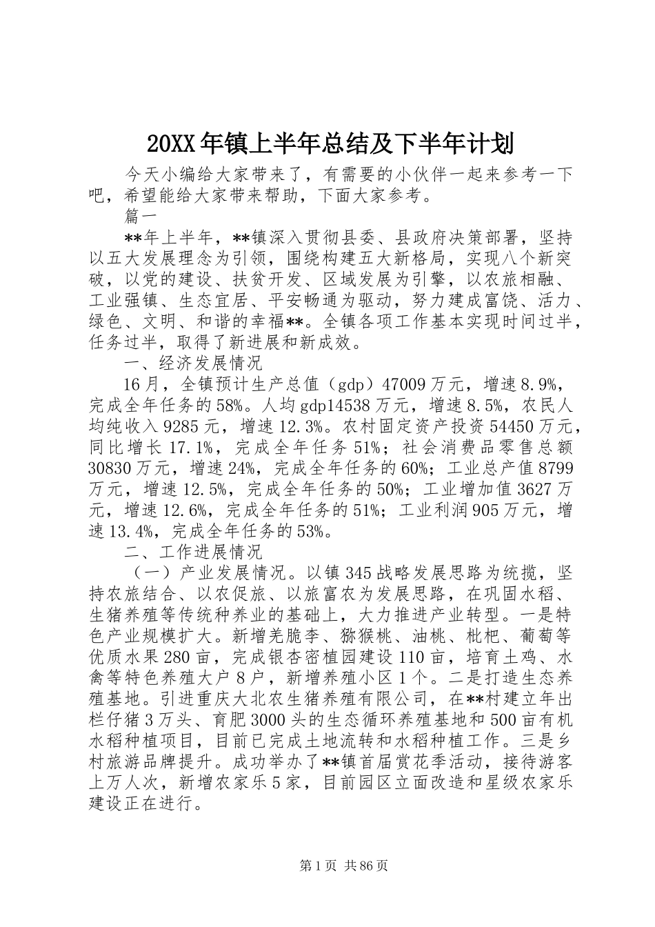 20XX年镇上半年总结及下半年计划_第1页