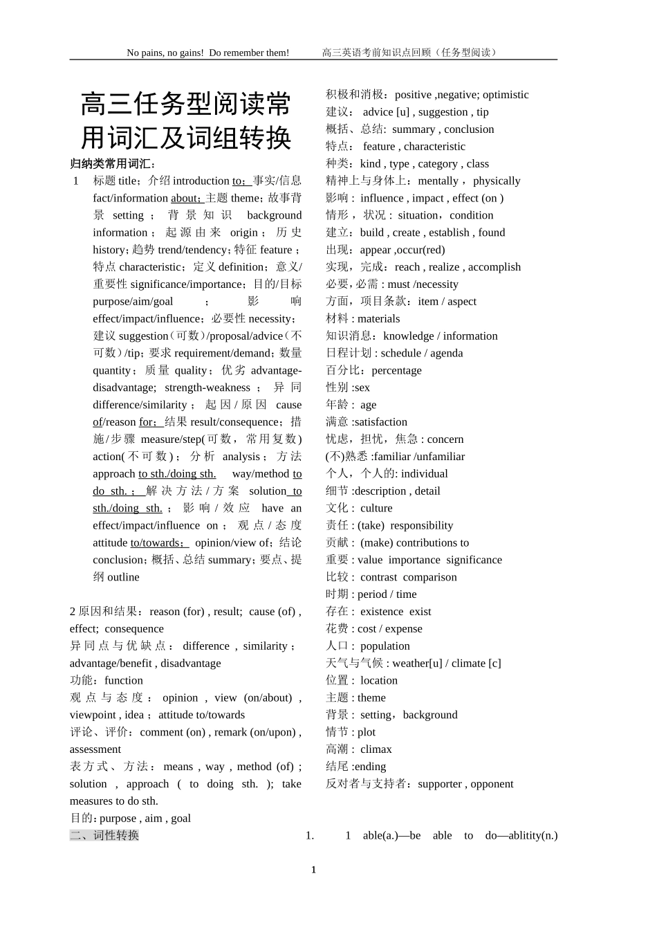 高三任务型阅读常用词汇及词组转换_第1页