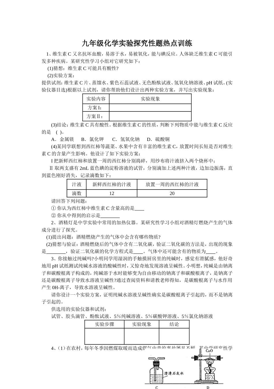 九年级化学实验探究性题热点训练_第1页