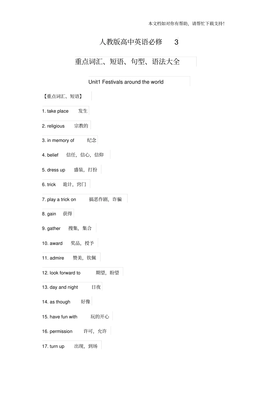 人教版高中英语必修3重点词汇短语句型语法大全_第1页