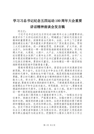 学习习总书记纪念五四运动100周年大会重要讲话精神座谈会发言稿