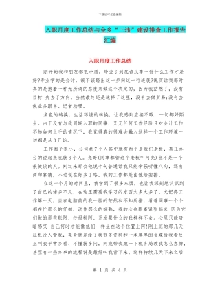 入职月度工作总结与全乡“三违”建设排查工作报告汇编