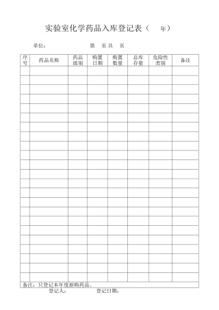 实验室化学试剂入库登记表