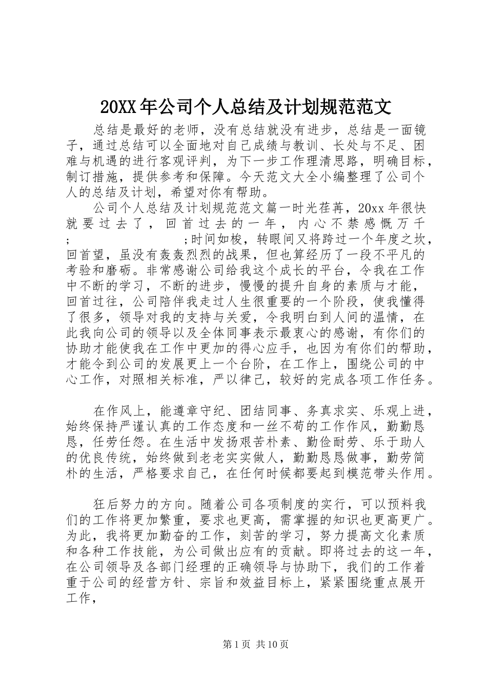 20XX年公司个人总结及计划规范范文_第1页