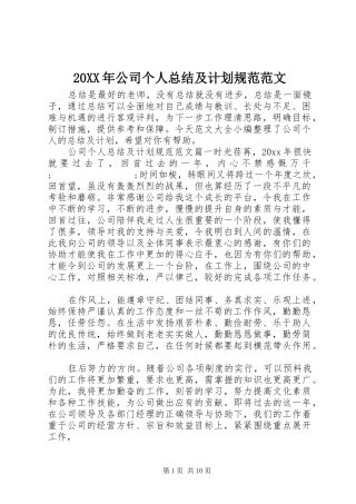 20XX年公司个人总结及计划规范范文