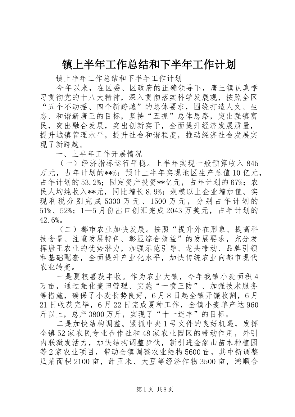 镇上半年工作总结和下半年工作计划 _第1页