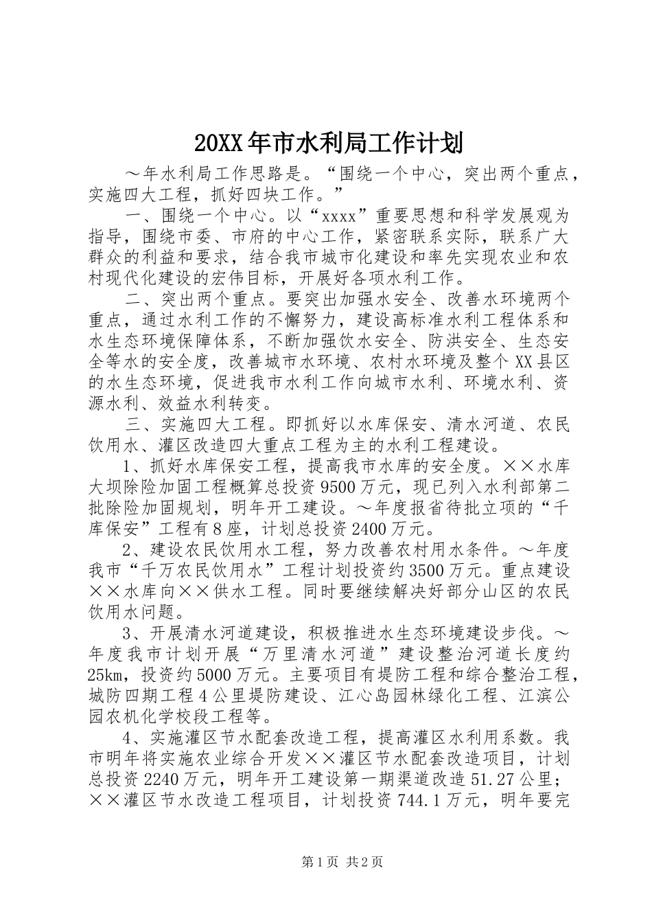 20XX年市水利局工作计划 _第1页