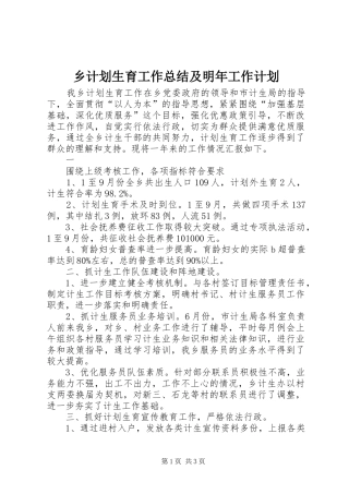 乡计划生育工作总结及明年工作计划 