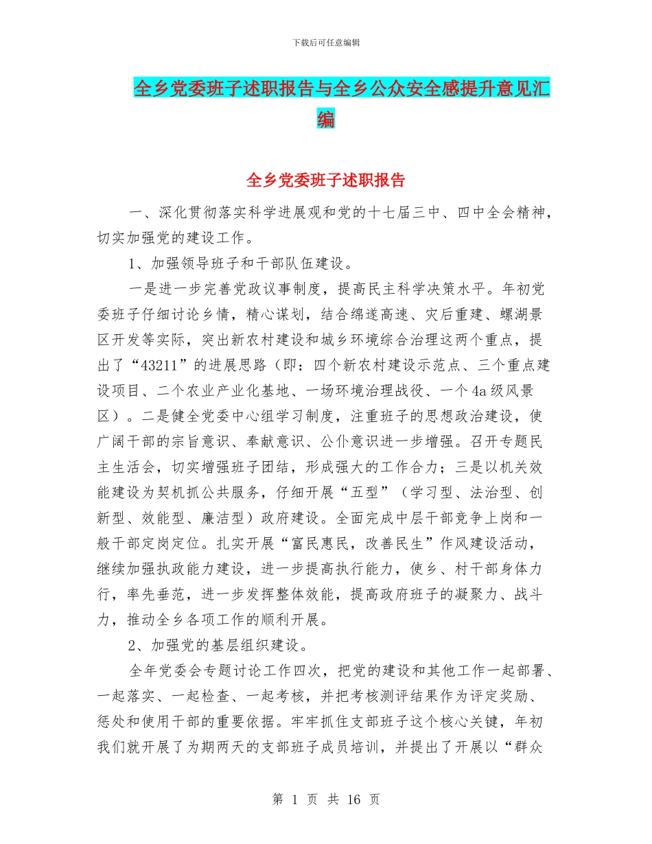 全乡党委班子述职报告与全乡公众安全感提升意见汇编_第1页