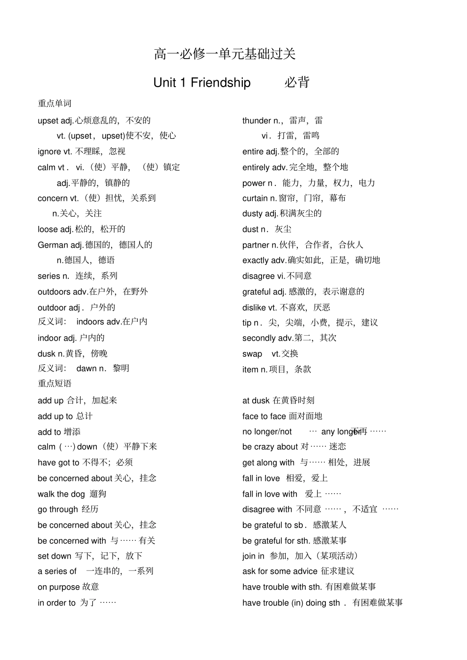 人教版高中英语必修一Unit2必背汇总_第1页