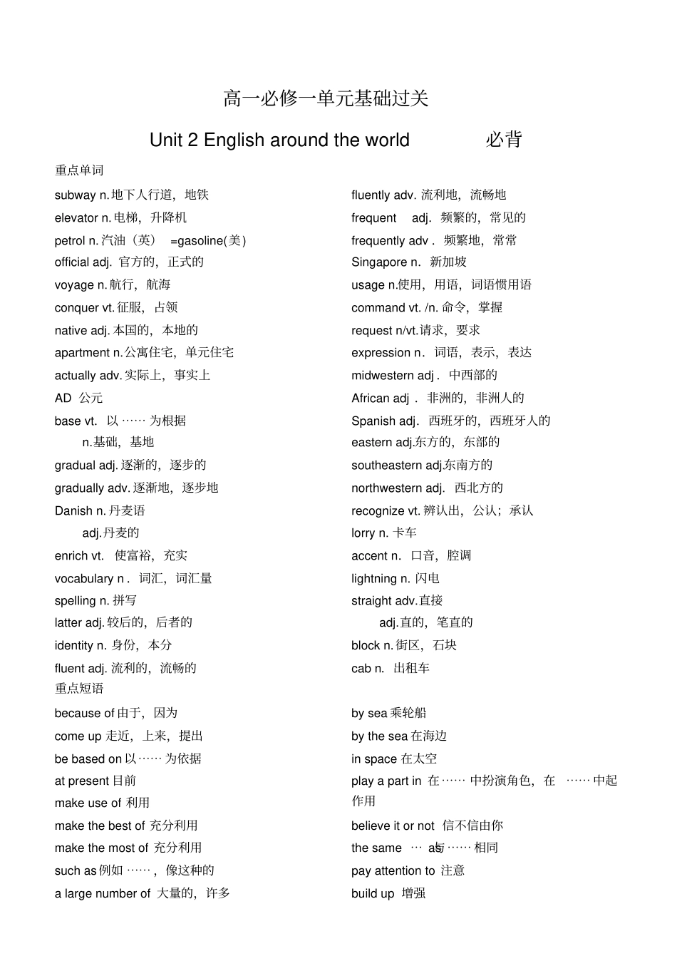 人教版高中英语必修一Unit2必背汇总_第3页