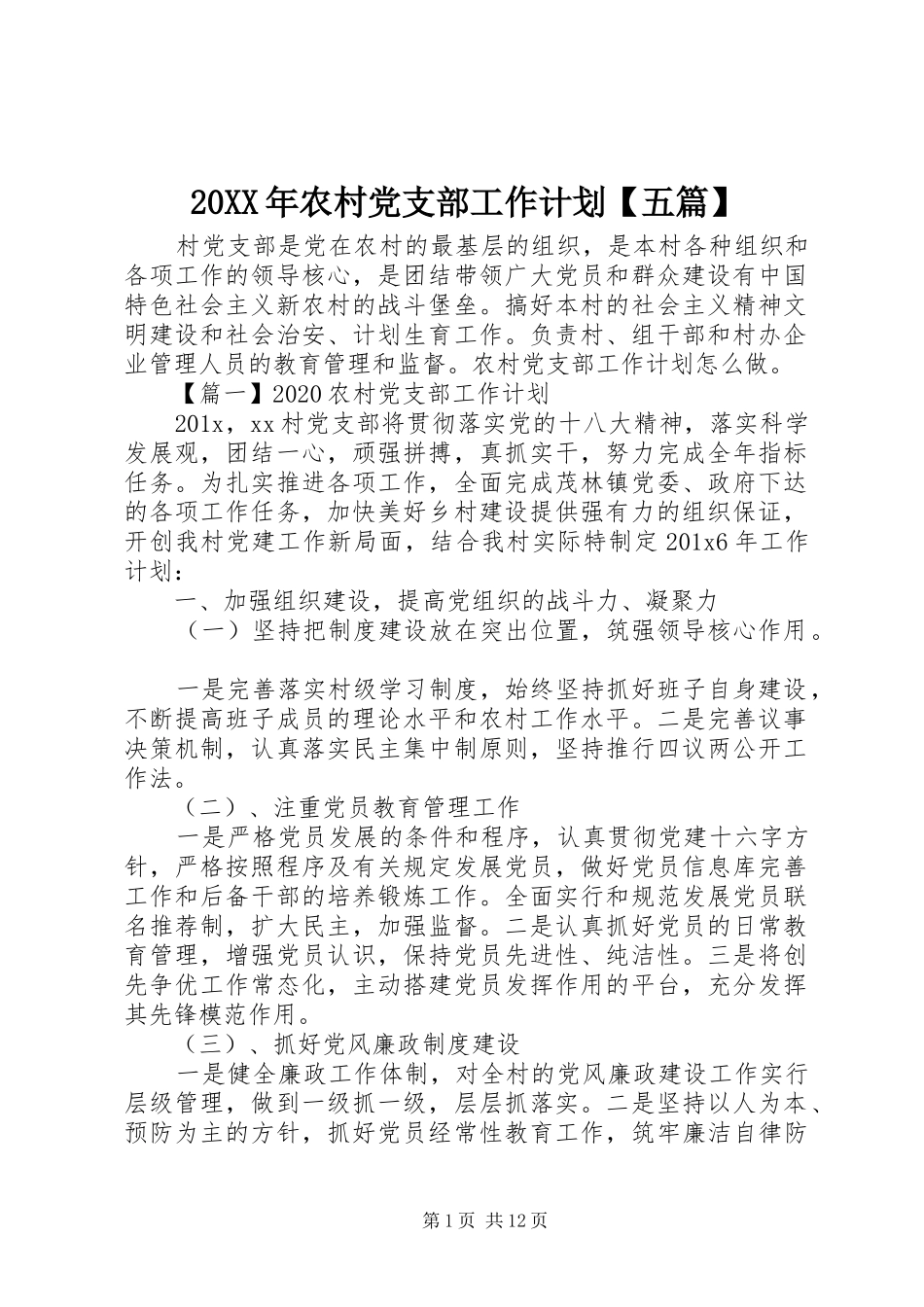 20XX年农村党支部工作计划【五篇】_第1页