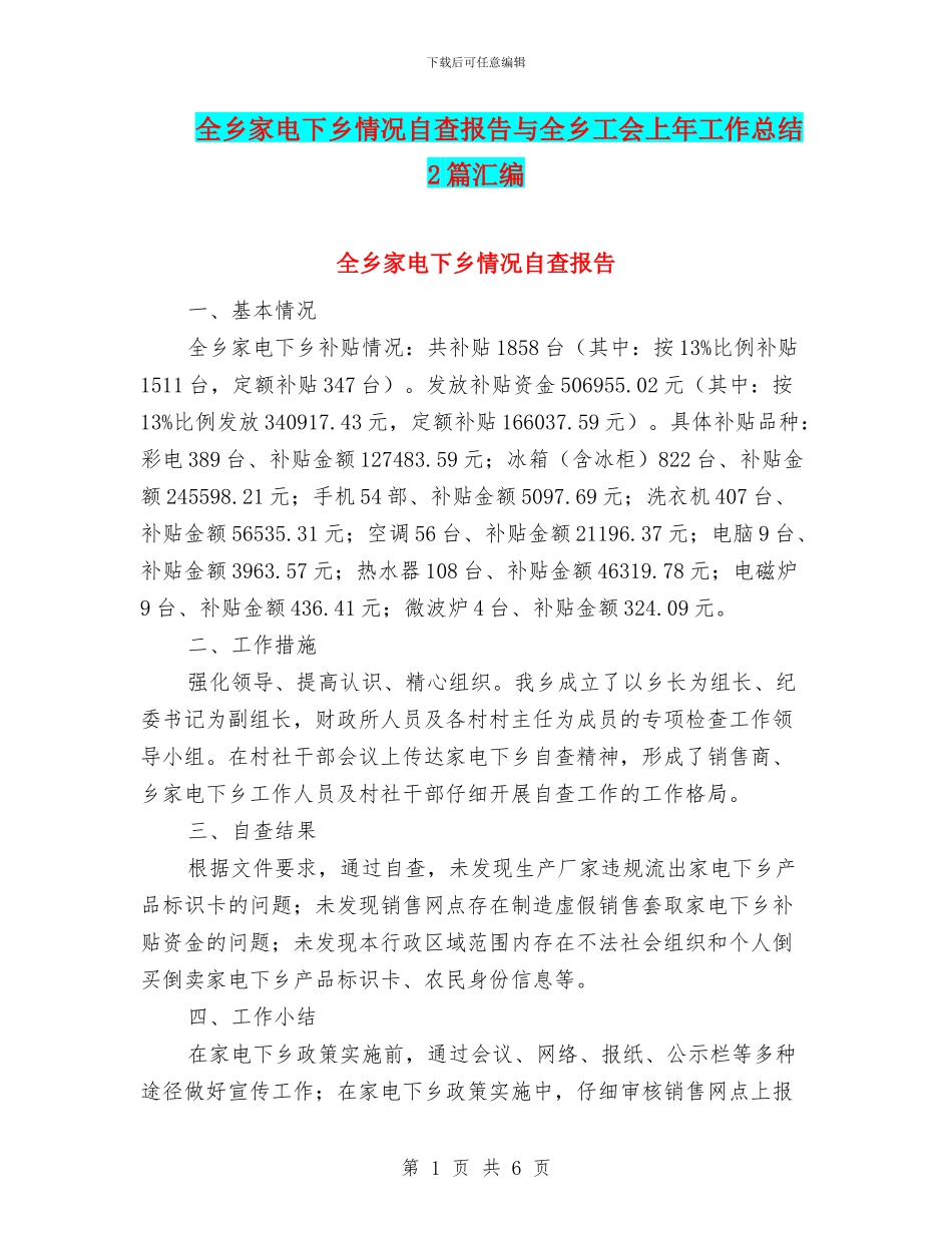 全乡家电下乡情况自查报告与全乡工会上年工作总结2篇汇编_第1页