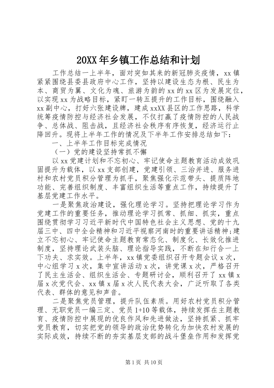 20XX年乡镇工作总结和计划_第1页