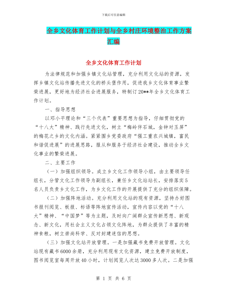 全乡文化体育工作计划与全乡村庄环境整治工作方案汇编_第1页
