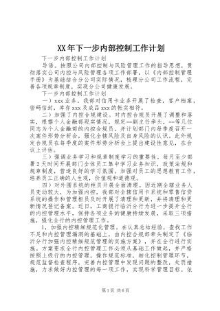 XX年下一步内部控制工作计划 