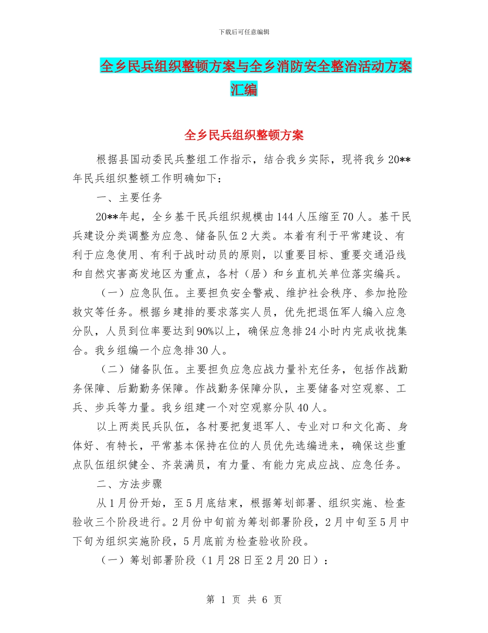 全乡民兵组织整顿方案与全乡消防安全整治活动方案汇编_第1页