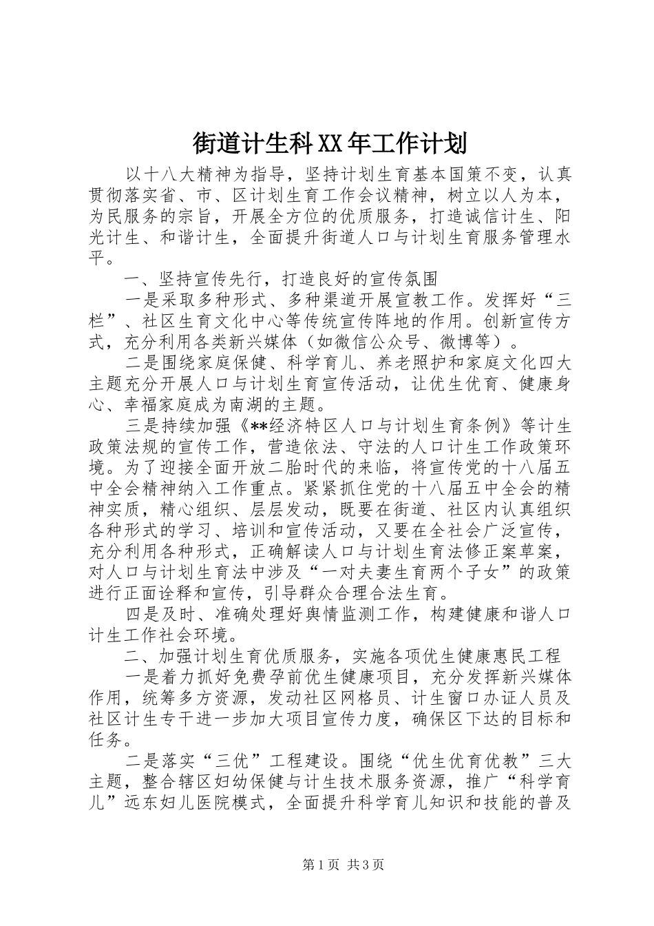 街道计生科XX年工作计划 _第1页